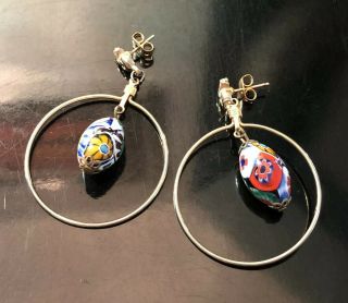 Large Vintage Millefiori Murano Glass Beads Gold Toned Hoop Dangle Earrings