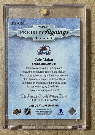 19 - 20 UD Parkhurst Priority Signings Rookie Cale Makar 67/75 PS - CM WOW R.  O.  Y. 2