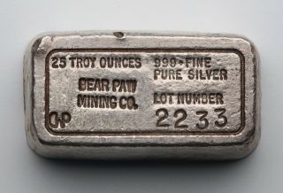 Rare Bear Paw Mining 25.  62 Oz Vintage Odd Weight Silver Bar N/r