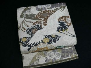 Antique Beige Silk Japanese Maru Obi W/cranes,  Sensu Q928