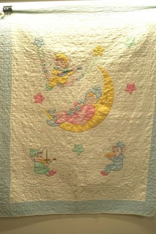 Q 3,  Vintage Quilt,  Hand Quilted,  Baby Quilt,  Appliqued,  Embroidered,  36 X 48 In