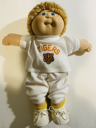 Vintage 1978 1982 Boy Cabbage Patch Doll Blonde Curly Hair Blue Eyes - Tigers