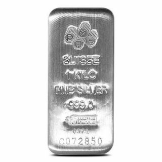 1 Kilo (32.  15 Oz. ) Pamp Suisse.  999 Silver Cast Bar Stamped Serial Number,  Assay