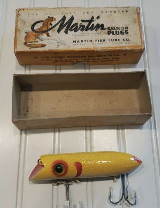 Vintage Martin Wood Salmon Plug,  Yellow Red Gill.  4 1/2 "