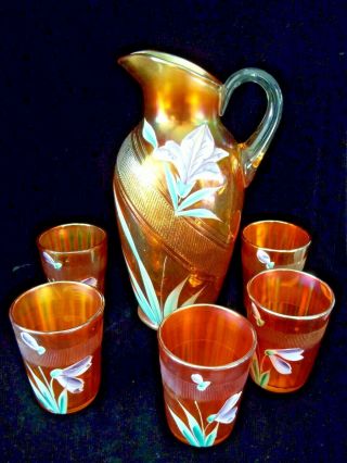Antique Banded Fenton Carnival Glass Pitcher And 5 Cups Enameled Painted Iris
