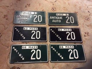 Mass Massachusetts Two Digit 20 Antique Auto Plates 3 Pairs From 1961 To 1966
