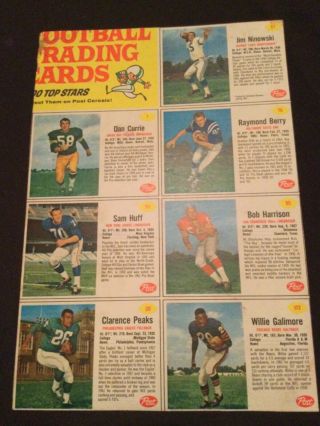 1961 Post Cereal Football Uncut 7 Card Panel - Raymond Berry,  Sam Huff & More