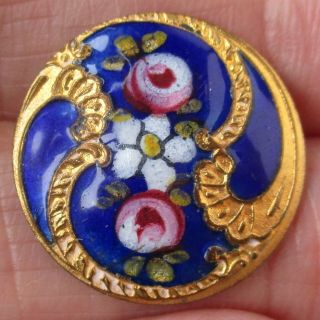 7/8 " Antique Cast Brass Champlevé Enamel Button W Hand Painted Enamel Flowers