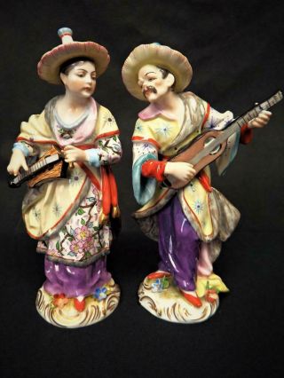 Antique Volkstedt Porcelain Germany Pair Malabar Musicians Figures 1900 