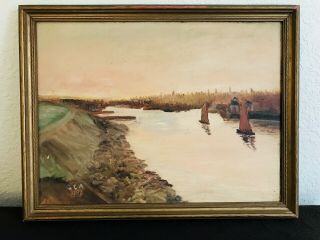Antique Hudson River Landscape Seascape York City Sailboats Oil Painting Wpa