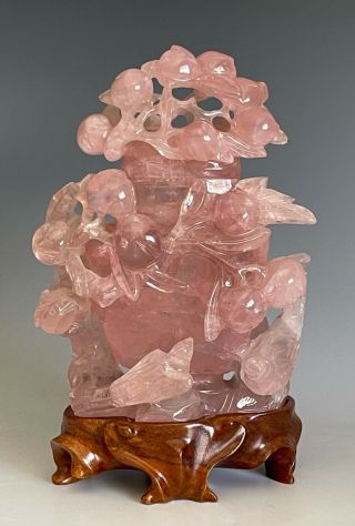 Chinese Carved Rose Quartz Crystal Vase Censer With Stand