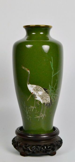 Fine Silver Wire Japanese Meiji Cloisonne Vase W/ Cranes Signed