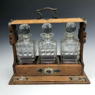 Antique Wood Wooden Brass Mount 3 Glass Bottle Tantalus Decanter W Lock Key Dbb