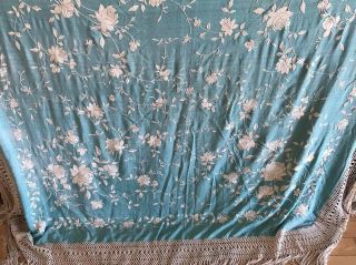 Huge Antique 55 ",  11” Fringe Silk Piano Shawl Flowers Roses Embroidery Asis