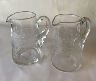 2 - Vintage Etched Glass Syrup Creamer Pitchers - 4 - 1/2” Euc