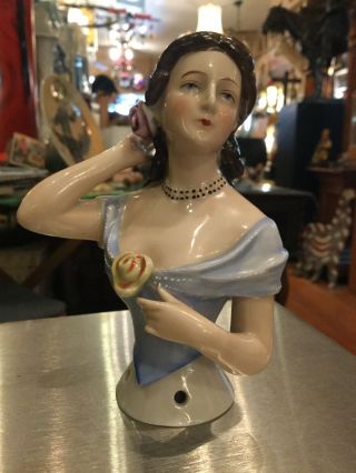 Antique German Porcelain Half Doll Brunette With Roses 4.  5”