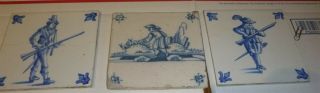 3 Antique / Vintage Blue Delft Tiles Men With Guns And Man In Garden See Pic