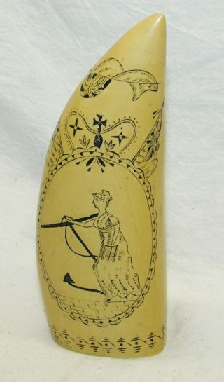 Vintage Scrimshaw Faux Whale Tooth Nautical Engraving – British Ladies With Horn