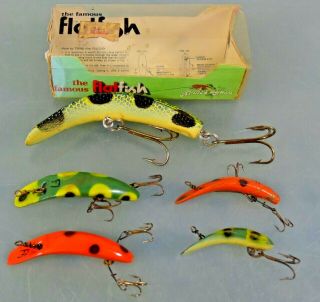 Five Vintage Helin Tackle Flatfish Crankbait Fishing Lures,  F7,  F6,  F5,  F4 & U20