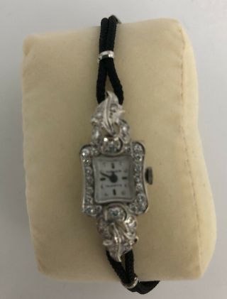Vintage Gruen Quartz 14k White Gold Ladies Watch W/ " Diamonds " Needs Battery
