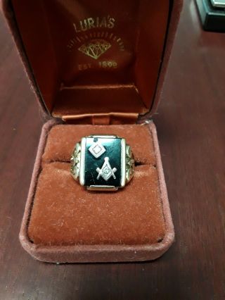 Vintage 14k Gold Masonic Symbol Ring W/black Onyx & Small Diamond,  Size 11