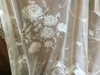 Antique Tambour Lace Curtain - V.  Long Length - Cream Flowers