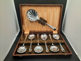 Vintage Boxed Set Of 6 Fruit Spoons - Epns With Serving Spoon.  Made In Sheffield