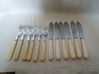 Set Of 6 Vintage Chrome Plate Fish Knives & Forks Faux Bone Resin Handles