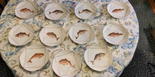 11 Antique Limoges Gold - Gilded,  Hand - Painted Fish Plates - Circa 1890s