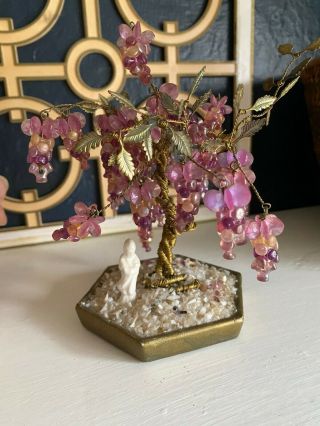 Vintage Twisted Wire And Stone Bonsai Tree On Metal Base With Statue