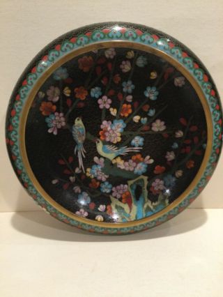 Antique Chinese Copper Cloisonné Enamel Black Bowl W/birds,  Flowers,  Circa 1860