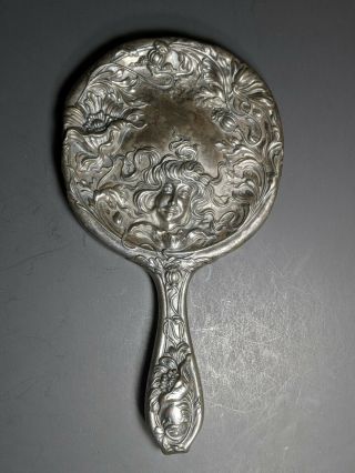 Antique Art Nouveau Silver Plated Hand Mirror Woman 