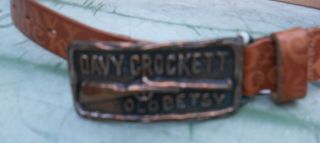 Vintage " Davy Crockett " Belt Buckle With Etched Leather Belt 30: W Usa Made