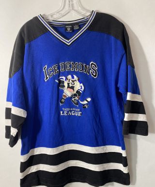 Vintage 1996 Looney Tunes Taz Ice Demons Large Hockey Jersey Shirt Size M Adult