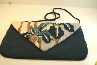 Vintage Patricia Smith,  Moon Bags,  Purse,  Needlepoint Flower & Amara Suede,  Blue