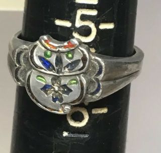 Antique Signed Silver & Enamel Chinese Ring (adjustable) Size 5 - 6