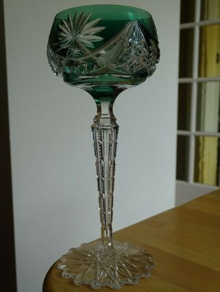 One Antique Roemer Wine Glass Crystal Val Saint Lambert Epinal Green Color