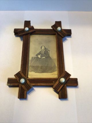 Antique Cross Arm Picture Frame With Portait In Glass,  Miniature