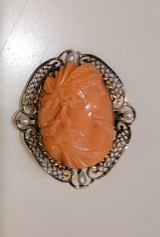 Antique Victorian Carved Red Coral Cameo Brooch Pendant 10k Gold Bezel W/pearls