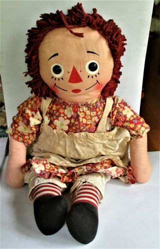 Vintage Knickerbocker " Raggedy Ann " Doll 25 " Tall.  Red Floral Dress (9073)