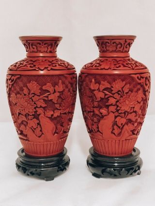Very Old Cinnabar Lacquer Chinese Red Vases/blue Enamel Inside