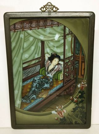 Chinese Reverse Glass Painting Reclining Woman
