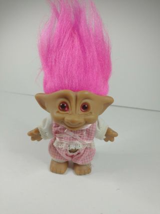 Vtg Ace Novelty Treasure Troll 4 " Doll Pink Hair Eyes Wishstone Gingham