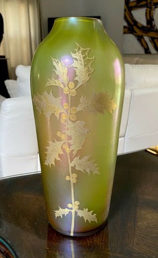 Lg Antique Bohemian Art Glass Vase Harrach Rainbow Iridescent Gold Holly Berry