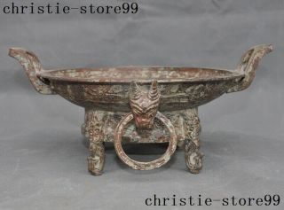 Old China Shang Zhou Dynasty Bronze Ware Dragon Beast Head Brazier Fire Pots Pot