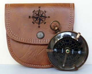 Antique Brass Dollond London Pocket Compass With Handmade Leather Case Item Gift