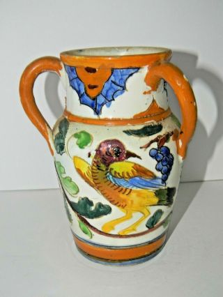 Antique Majolica Urn Pot Vase Multi - Color Bird Glazed Italy Pottery 6” Tall