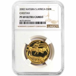 2002 Natura South Africa 50 Rand Gold Cheetah 1/2 Oz Ngc Pf69uc