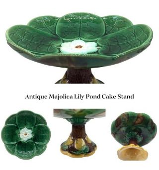 Antique Majolica Art Pottery Water Lily Pond Cake Stand Pear Tree Base