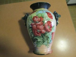 Huge Antique Limoges Vase With Hand Painted Poppies & Lion Head Handles